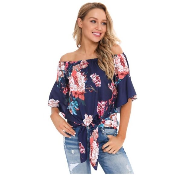 Off Shoulder Blouse Blue Red Floral Tie Front - Picture 3 of 13